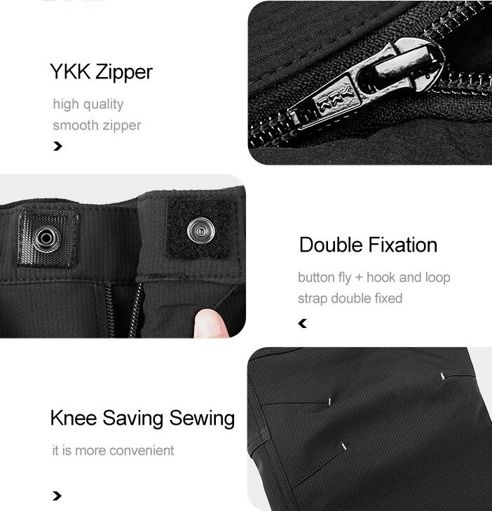 Close-up of hiking pants features: YKK zipper, double fixation button with hook, and knee-saving sewing details.